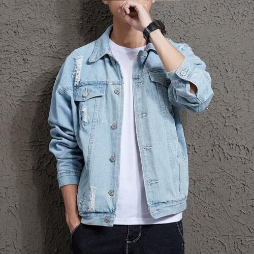 Spring Mens Denim Jacket Ripped Hole Korean Trend Handsome Jacket Loose Student Denim Jacket