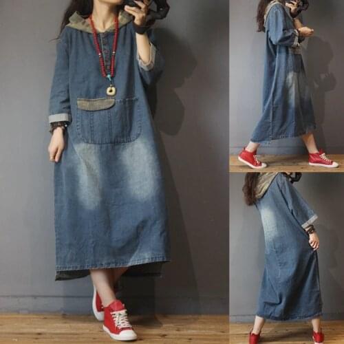 Plus sizes Hooded denim dresses Long sleeves Jean Pockets Vestidos Baggy Vintage Patchwork Hooded Cowboy dresses