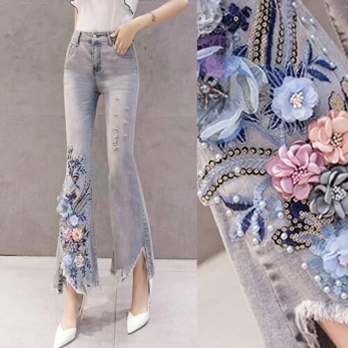 Summer Spring Woman Appliques Sequin Flower Irregular Tassel Flare Jeans Pants , Women Female High Waist Stretch Denim Trousers