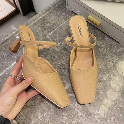 Elegant Footwear Summer Square Toe Slip On Mules Sandals High Quality Thin High Heel Slides Sexy Leisure Ladies Dress Shoes