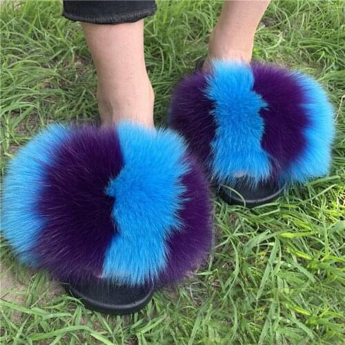 Hot Rainbow Furry Sandals Women Real Fox Fur Slides Fluffy Plush Raccoon Fur Slippers Luxury Brand Fuzzy Shoes Plus Size Drop
