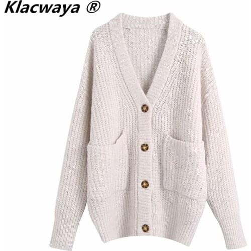 Klacwaya 2021 Women Fashion Beige Oversized Knitted Cardigan Coat Vintage Single Breasted Pocket Female Loose Autumn Sweater