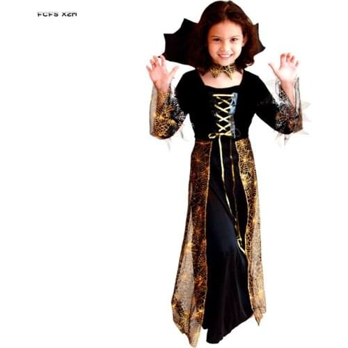 Black Girls Halloween Vampire Costume For Kids Children Sorceress Cosplay Carnival Purim Parade Stage Show Role Play party dress