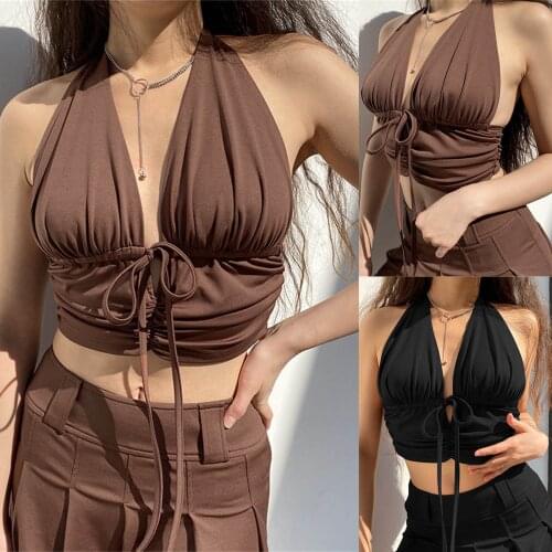 Y2k Brown Camis Ruched Tie Up Crop Top Y2k Harajuku Tank Top Backless Halter Cute Tee Top Women Party Beach Sweat New корсет