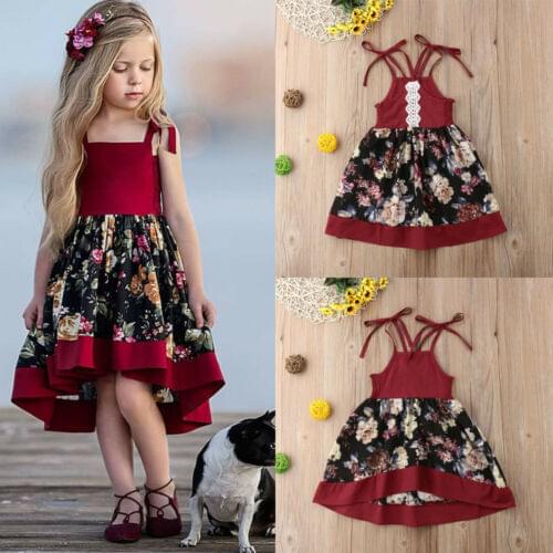 SUmmer Toddler Kids Baby Girls Strap Dress Party Princess Flowers Dress Red Set