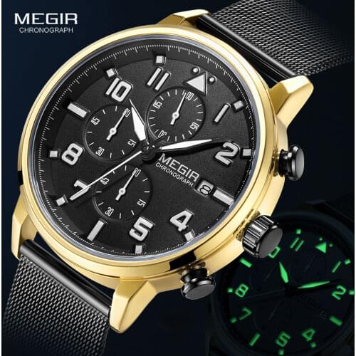 MEGIR 2020 Luxury Mens Watches Fashion Stainless Steel Mesh Strap Chronograph Quartz Watch Man Wristwatch Montre homme de luxe