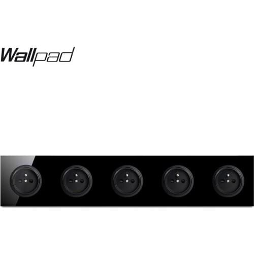 Wallpad L6 Black Tempered Glass Quintuple Frame French Wall Socket Pentuple 5 Gang Electrical Power Outlet 16A Round Design