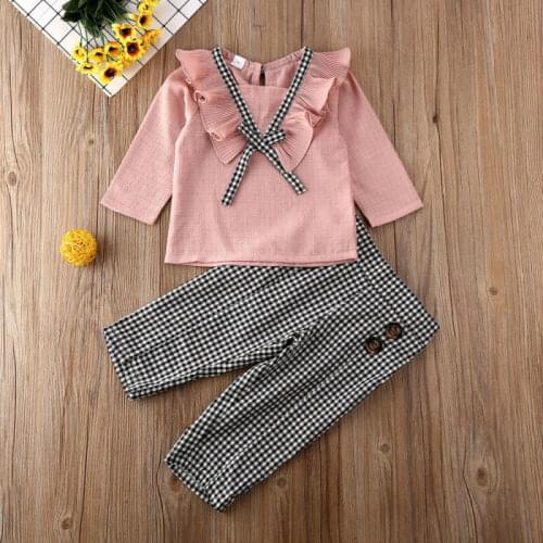 Autumn Toddler Kds Baby Girls Clothes Set Sweatshirt Ruffle Long Sleeve Top High Waist Plaid Pants Children Outfits Tracksuit