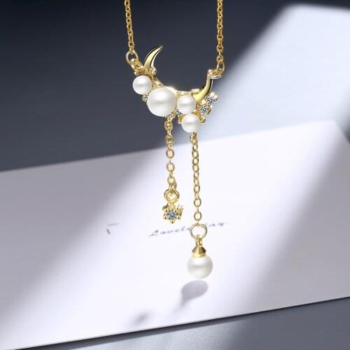Exquisite Gold Moon Tassels Pearl Pendant Necklace Bridal Wedding Engagement Jewelry Charm Crystal Clavicle Chain Gifts