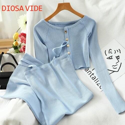 Simple ins autumn and winter new slim slimming strap solid color short strapless sweater two-piece set 2021