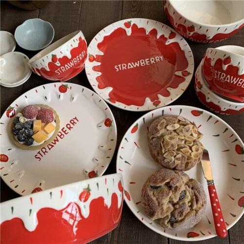 Cute Strawberry Cream Pattern Japanese Style Ceramic Dinner Plates Dishes Sets Fruit Desserts Plate Dishes Noodle Bowl Tableware