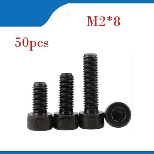 50Pcs/lots Carbon Steel Screws Black M2 Bolts Hex Socket Pan Head Cap Machine Screws Wood Box Screws Allen Bolts M2x8mm