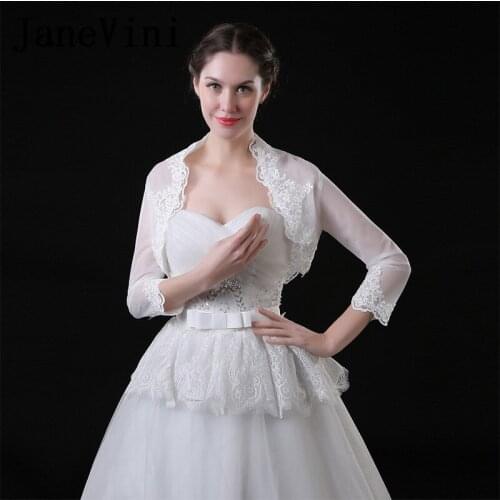 JaneVini White Women Jacket With 3/4 Sleeves Brautjacke Lace Appliques Summer Bolero Bridal Tulle Wedding Coat Shawl Wraps Stole