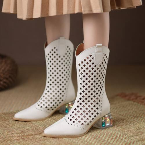 Rimocy White Hollow Out Crystal Boots Women Square Heels Pointed Toe Mid Calf Boots Woman Breathable Mesh Riding Booties Mujer