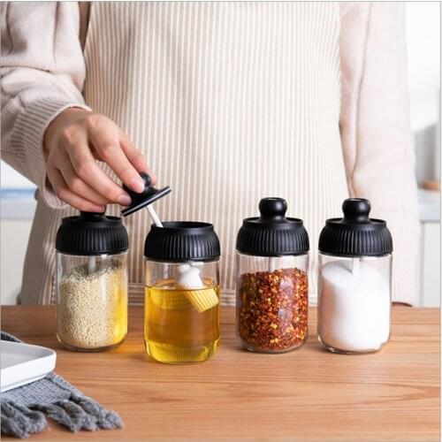 Seasoning Bottle with New Striped Edge Cover Sealed Moisture-Proof Kitchen Spoon Cover Integrated Glass Seasoning Bottle