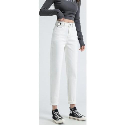 2021 New White Straight Jeans High Waist Slim Harem Pants For Women Ankle-length Denim Trousers Streetwear Mom Jean Bottoms 519