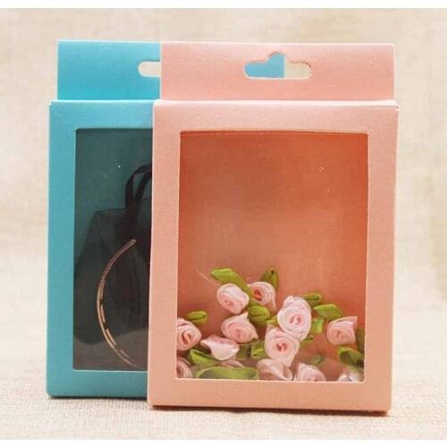 Feiluan14*9cm pink/blue paper gift package box .DIY candy/wedding favors /gifts box with clear pvc window hanger gift box 30pcs