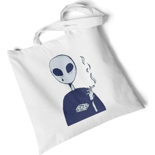 Focal20 Streetwear Alien Print White Women Canvas Shopping Bag Female Shoulder Bag Eco Handbag Tote Reusable Grocery Shopper Bag
