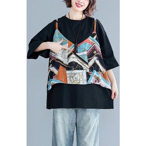 Korean Plus Size Fake Two Pieces Tshirt Women Hit Color Splice Loose Casual Short Sleeve Ladies Tops magliette donna estive Z285