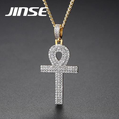 JINSE Religion Egyptian Ankh Crucifix Cross Pendant Necklace Iced Cubic Zirconia Symbol of Life Cross Necklaces Jewelry Gift