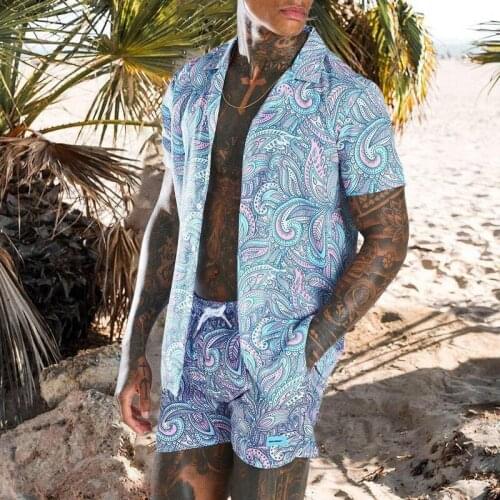 Fashion Hawaiian Mens Beach Shirt Set 2 Pieces Sets Men Beach Coconut Print Shorts Print Short Sleeve Shirt Set Two-piece S-3XL