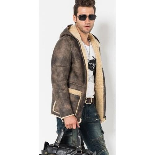 Mens Shearling Coat Hooded Long Fur Jacket Gray Flight Jacket 100% Genuine Sheepskin Leather Jacket For Men Lambskin Fur Parka