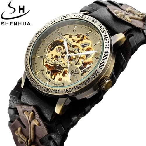 Antique Skeleton Dial Men Automatic Mechanical Watch Retro Gothic Clock Steampunk Self Winding Watches Brown Rock Reloj Hombre