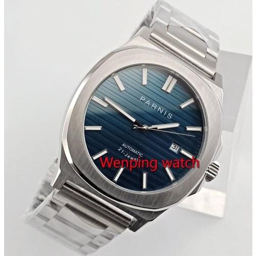 Mens Watch NEW Arrive 44mm PARNIS Blue Dial Date Indicator Steel Case Luminous Sapphire Luxury Brand Miyota Automatic Movement