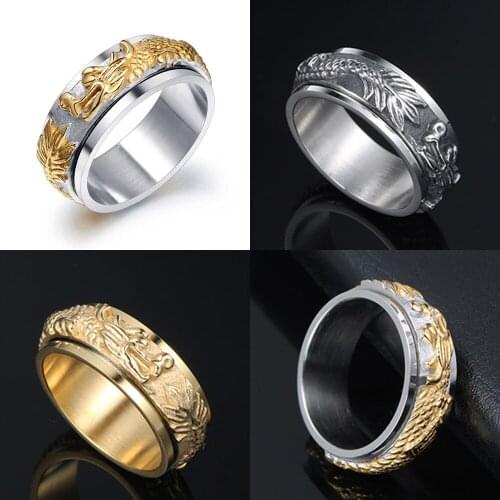 316L Rotatable Chinese Dragon Mens Calvarium Punk Vintage Ring Gothic Stainless Steel Biker Rings Motorcycle jewellery