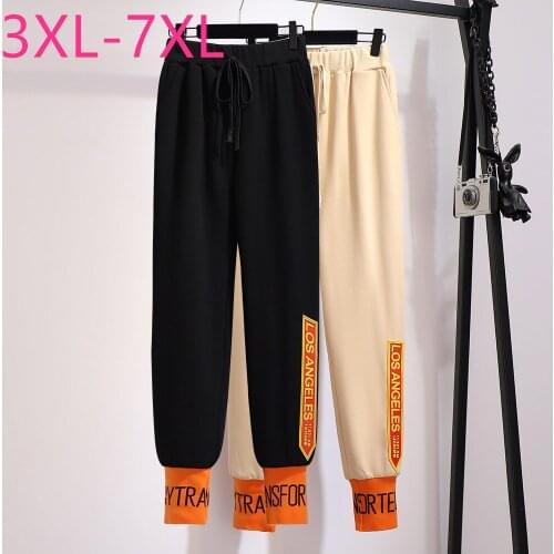 New 2021 spring autumn plus size sports pants for women large casual cotton loose black beige long trousers belt 4XL 5XL 6XL 7XL