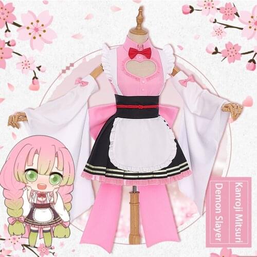 New Anime Demon Slayer Cosplay Kimetsu No Yaiba Costume Kanroji Mitsuri Maid Kimono Women Cute Pleated Skirt Lovely Girl Clothes