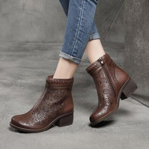 Spring and Summer New First Layer Cowhide Hollow Sandals Leather Retro Side Zipper Mid-heel Thick Heel Short Boots Womens Shoes