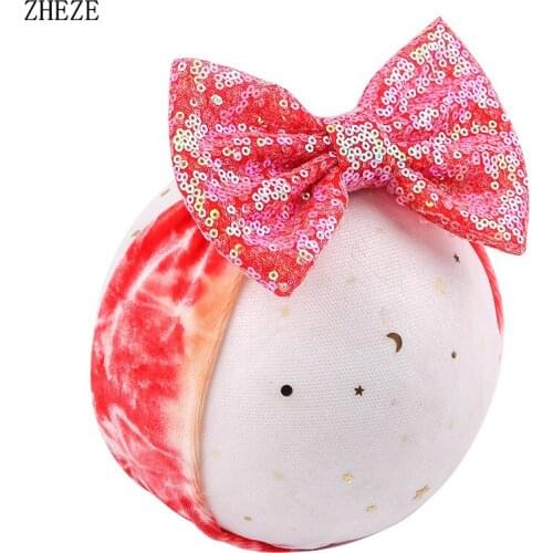 5'' Big Sequin Hair Bow Velvet Headbands For Spring 2018 Kids Solid Big Bow Hair Band Children Party DIY Girls Hair Accessories