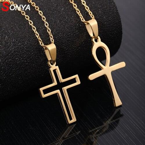 SONYA Stainless Steel Necklace For Women Lovers Four Types Gold Color Chain Cross Necklace Small Cross Religious Jewelry Gifts
