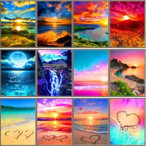 Full circle 5D diamond painting landscape sea moonlight sunset beach canyon DIY diamond embroidery set home decoration