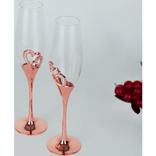 Rose gold champagne glass high-footed set glass wedding gift to the glass heart-shaped diamond crystal glass red wine glass