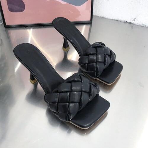 2021 Summer Fashion Ladies Sandals Weave Design Women Elegant Square Toe Thin High Heels Summer Beach Slippers Flip Flops
