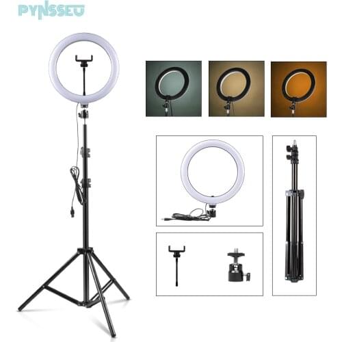 PYNSSEU 26cm LED Ring Light with 1.1/1.6/2.0M Light Ring Stand Dimmable 10" Selfie Ring Lamp with Phone Clip for Youtube Makeup