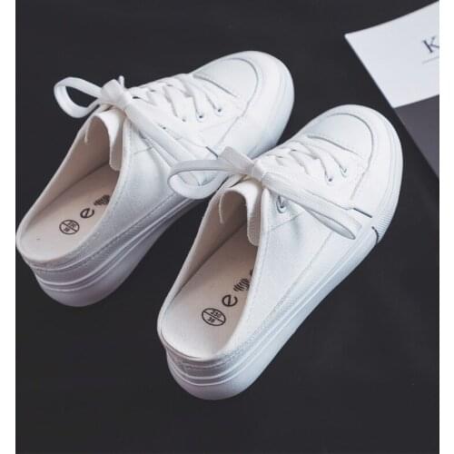 Women Canvas Shoes Half Slippers Slip on Loafers Solid Color Flat Heel Lace Up All Match 34-39 Girls Casual Shoes for Summer