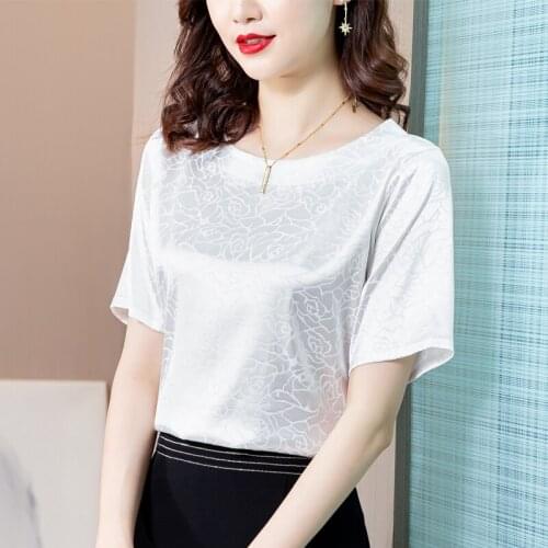 2021 Summer Fahion Womens Blouse Satin Short-sleeved Ladies T-shirt O-Neck Jacquard Silk Solid Print OL Womens Tops and Blouses