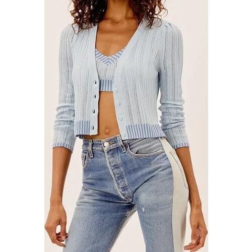 Women 2021 Fashion Striped Cropped Knitted Cardigan Sweater Vintage Long Sleeve Button-up Female v neck Knit Outerwear Chic Tops