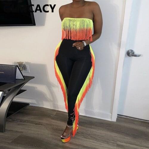 Women Tassels Detail Tube Top and Skinny Pants Set Sexy Summer Two Piece Sexy Suits