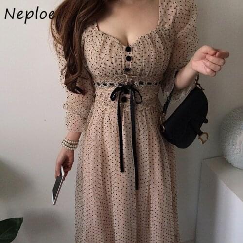Neploe Temperament Ladies Vestido De Mujer 2021 Autumn Square Collar High Waist Mesh Robe Female Lace Spliced Polka Dot Dress