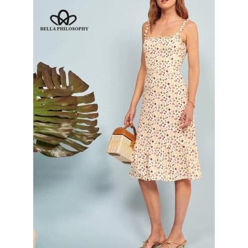 Bella philosophy 2019 summer women fashion floral print dress ladies ruffle spaghetti strap A-line dreaa female casual dress