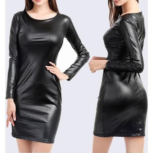 Ladies Sexy Nightclub Dress Faux Leather Long Sleeve O-Neck Knee Bag Hip Tight Pencil Dresses Feminino Vestido