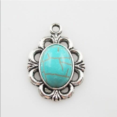 10Pcs Retro Tibetan Silver Oval Stone Flower Charms Pendants 18.5x26.5mm
