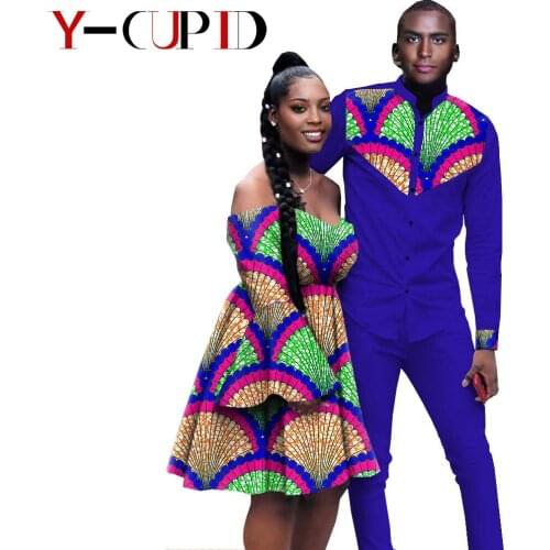 African Clothes for Couples Women Print Dresses Matching Men Outfits Shirts Top and Pants Sets Bazin Riche Party Wear YS20C014