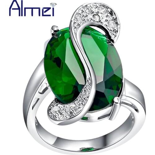 Almei Fashion Silver Color Rings With Crystal Cubic Zircon Green Blue Rainbow Stone Ring for Women Wedding Womens Jewelry J195