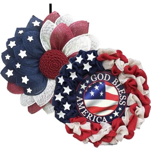 American Independence Day Wreath US Flag Star Sunflower Pattern Mesh Plastic Garland Decor Door Window Hanging Pendant