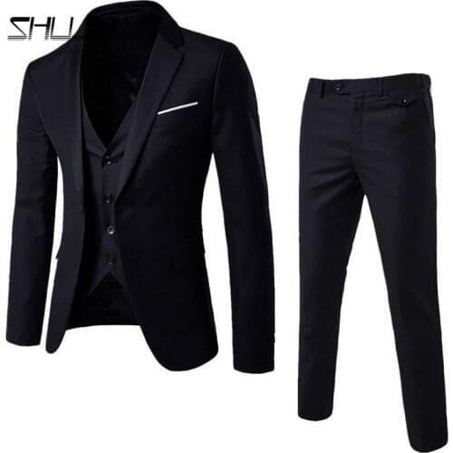 Business Suit 3 Piece Solid Color Fashion Mens Slim Comfortable Office Sets S-3XL Men Blazer+ Pants + Vest Mens Wedding Suit